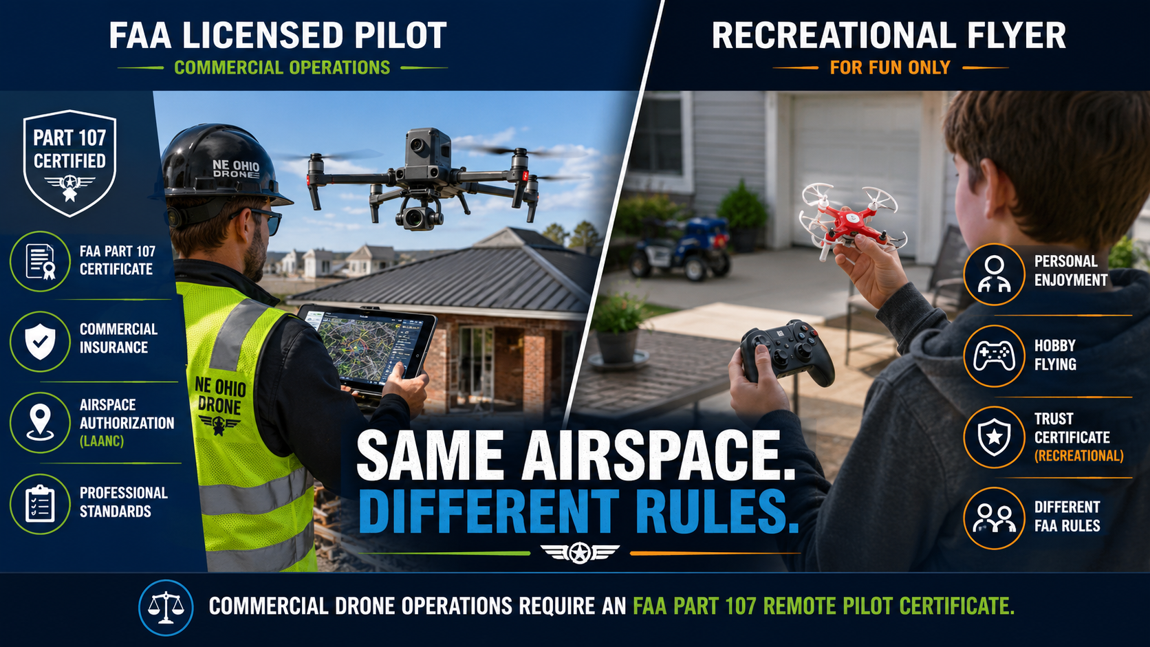 Licensed FAA Part 107 drone pilots vs recreational flyers